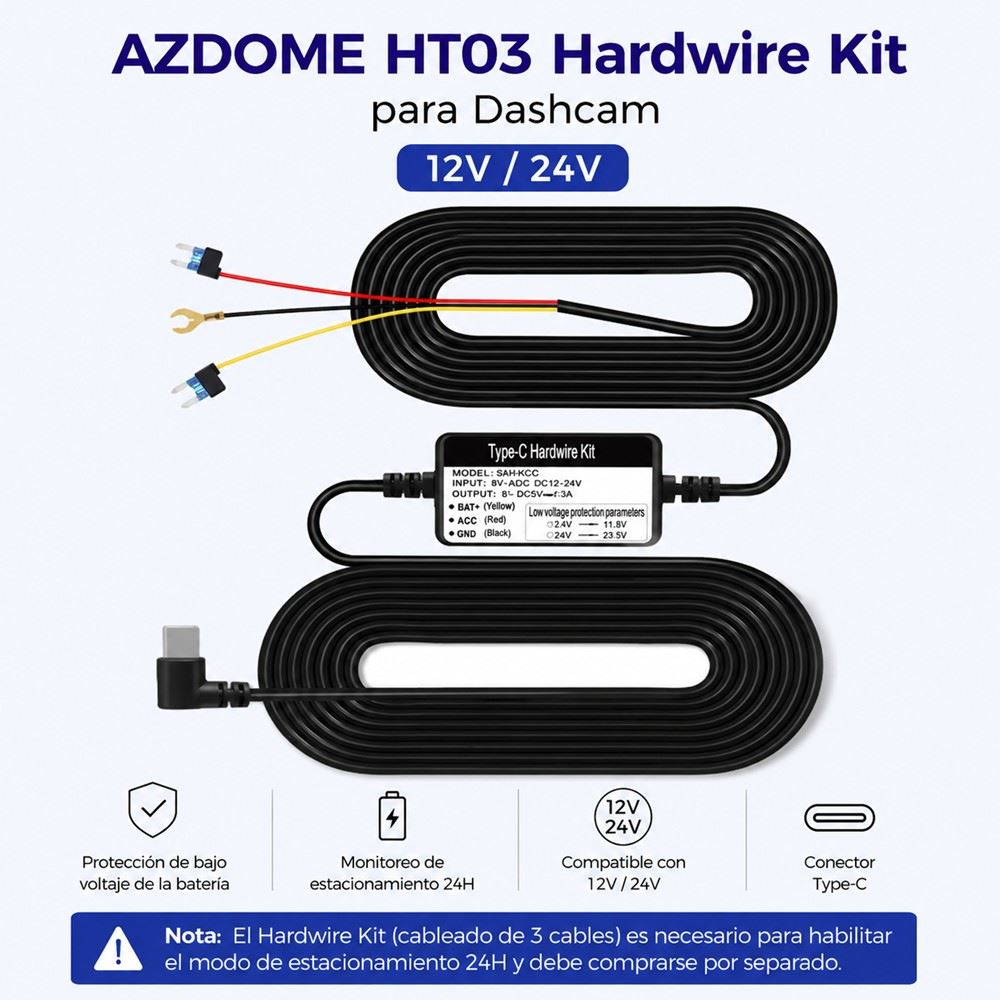 KIT HARDWIRE AZDOME HT03 USB-C PARA DASHCAM 12V24V 5V 2.5A CON PROTECCIÓN DE BATERÍA